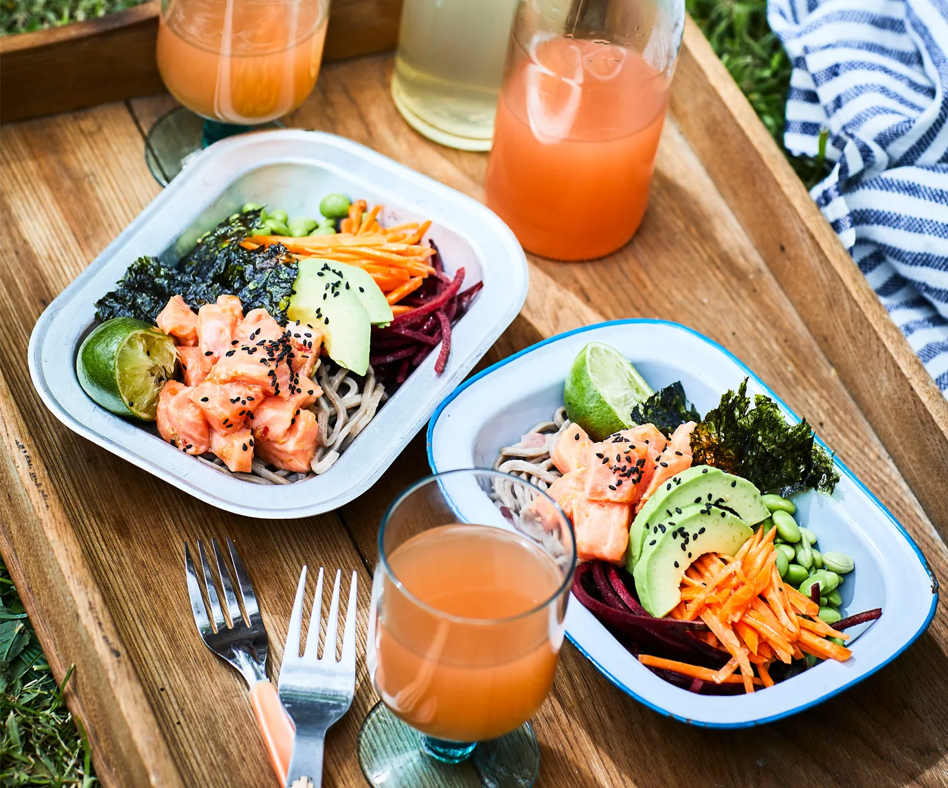 Marinated salmon poke bowl with soba noodles