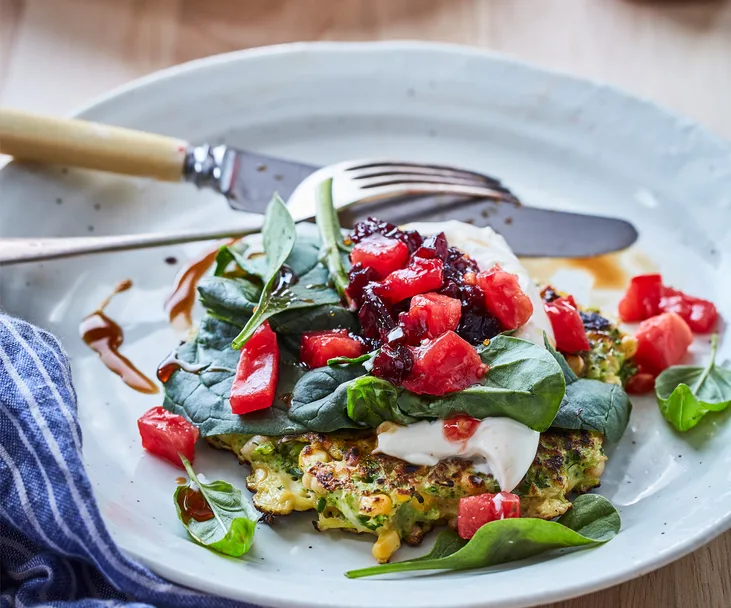Broccoli and herb fritters with beetroot relish