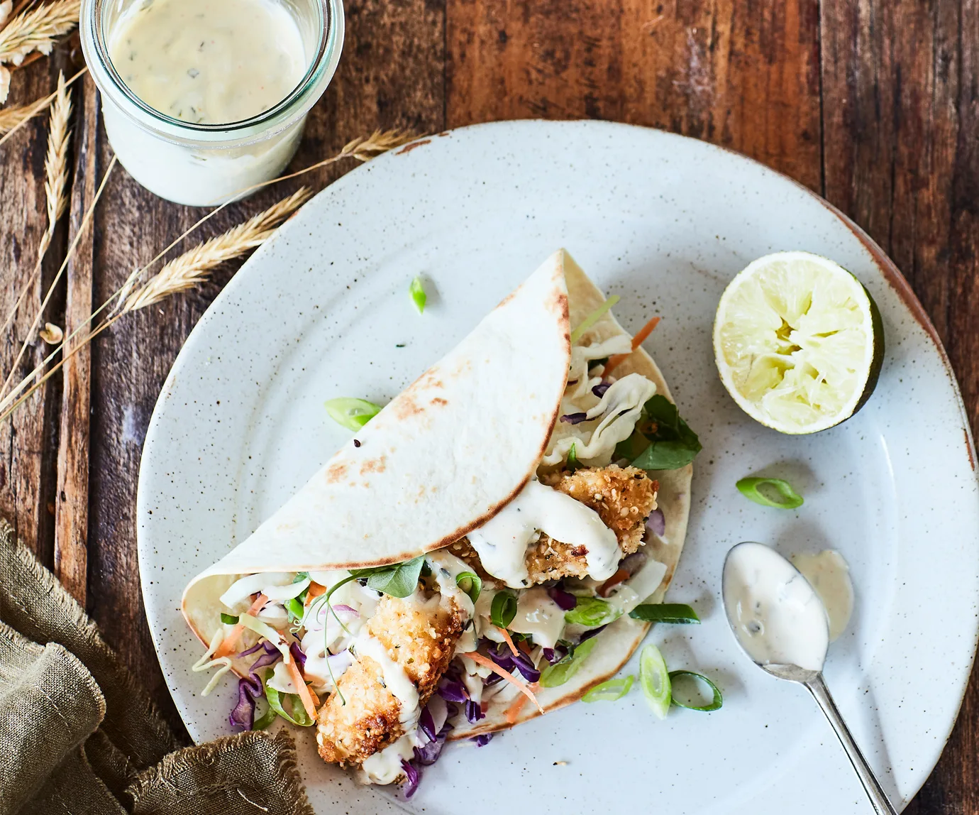 Fish tacos with a crunchy hemp crumb