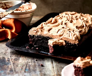 Fudgy dark chocolate sheet cake with milk chocolate mousse frosting