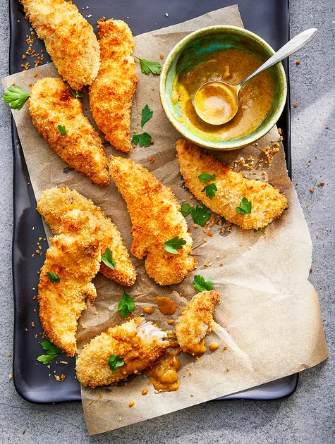 Air-fried crumbed chicken tenderloins