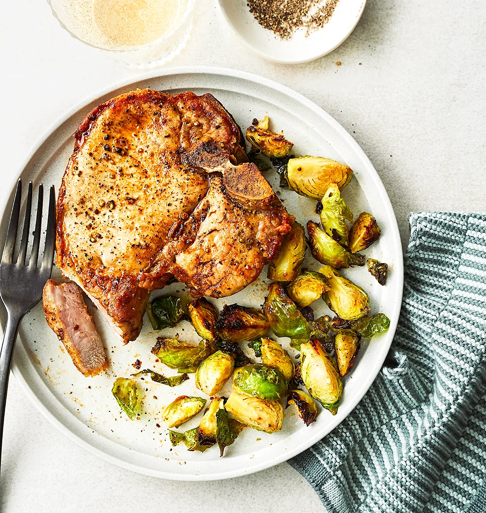 Air fryer NZ Pork chops with Brussels sprouts