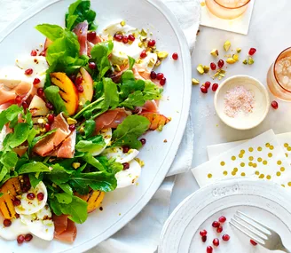 Grilled nectarine, prosciutto and pistachio salad