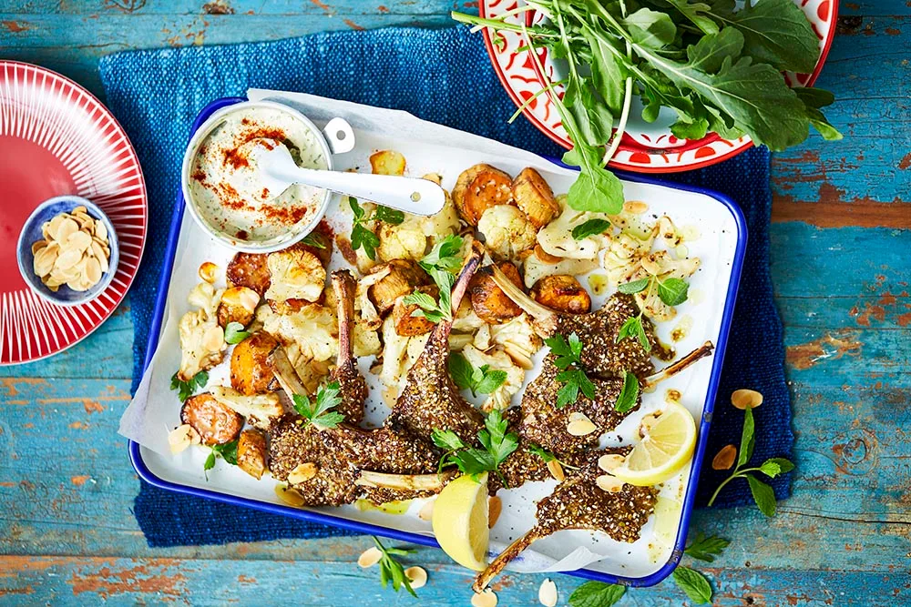 Dukkah-crumbed lamb cutlets & roasted cauliflower salad