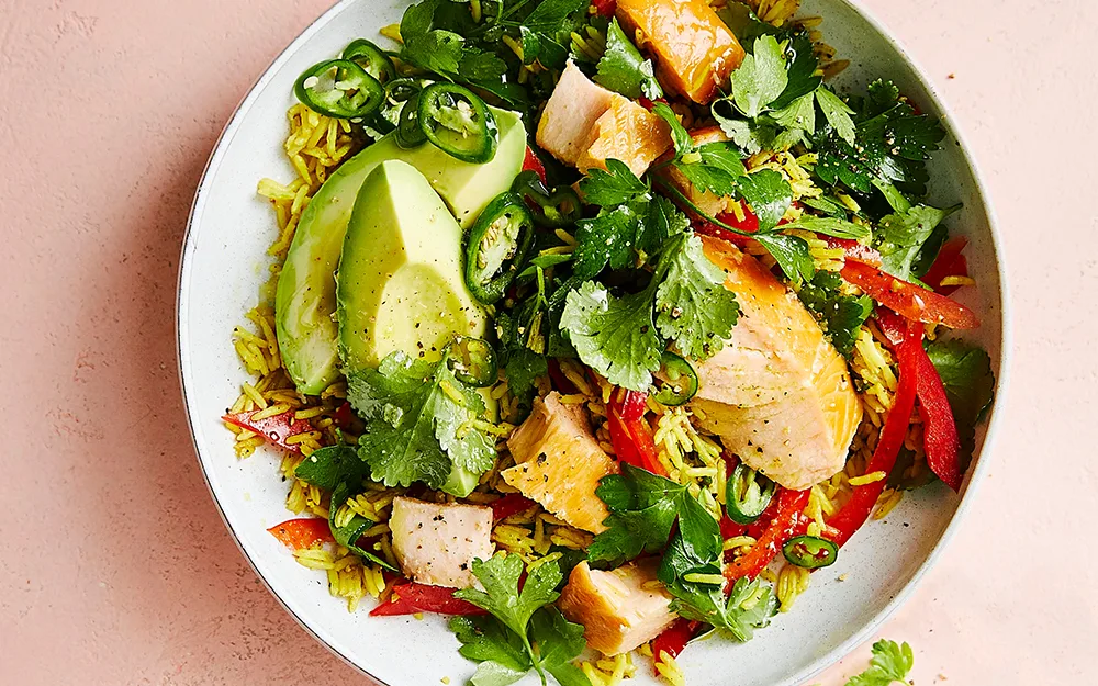 Hot-smoked salmon and spiced rice