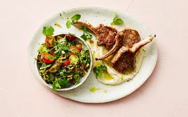 BBQ lamb cutlets with hummus and a mint & almond tabbouleh