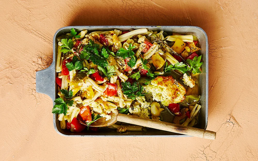 Baked feta & a trio of capsicum pasta