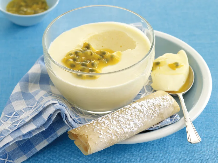 Passionfruit mousse with sugared pastry rolls
