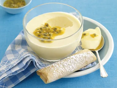Passionfruit Mousse with Sugared Pastry Rolls