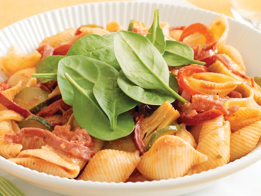 Crisp salami and artichoke pasta