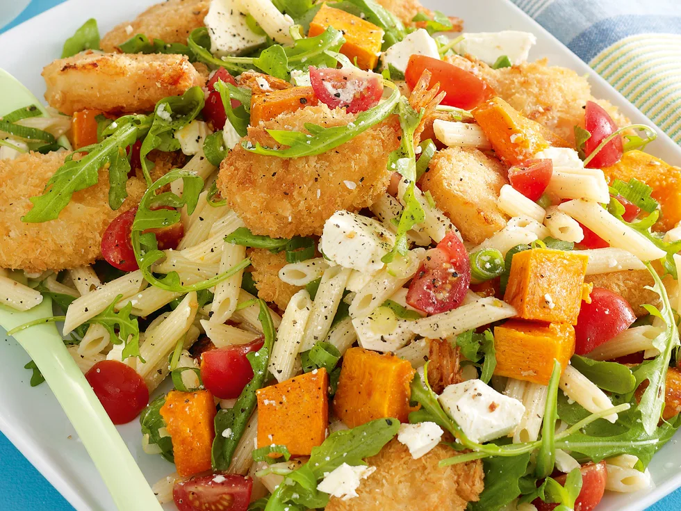 Crumbed prawns with Pasta