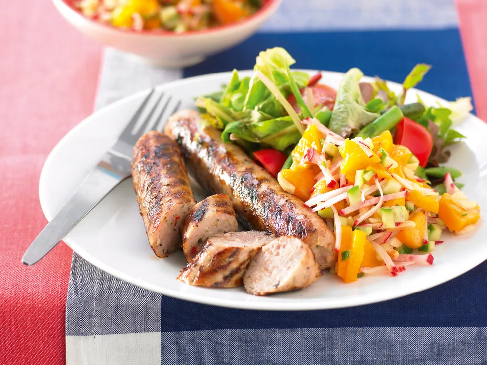 Pork Sausages with Peach Salsa
