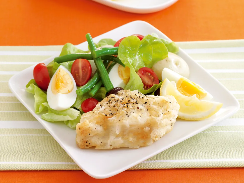 Salt and Pepper fish with Nicoise Salad