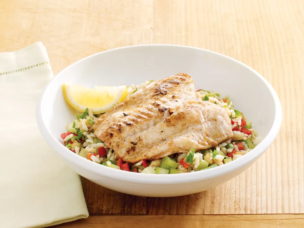 Lemon Garlic Fish with Rice Salad