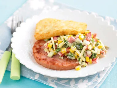 Grilled Ham Steaks with Corn and Gherkin Salad