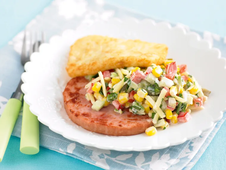 Grilled Ham Steaks with Corn and Gherkin Salad