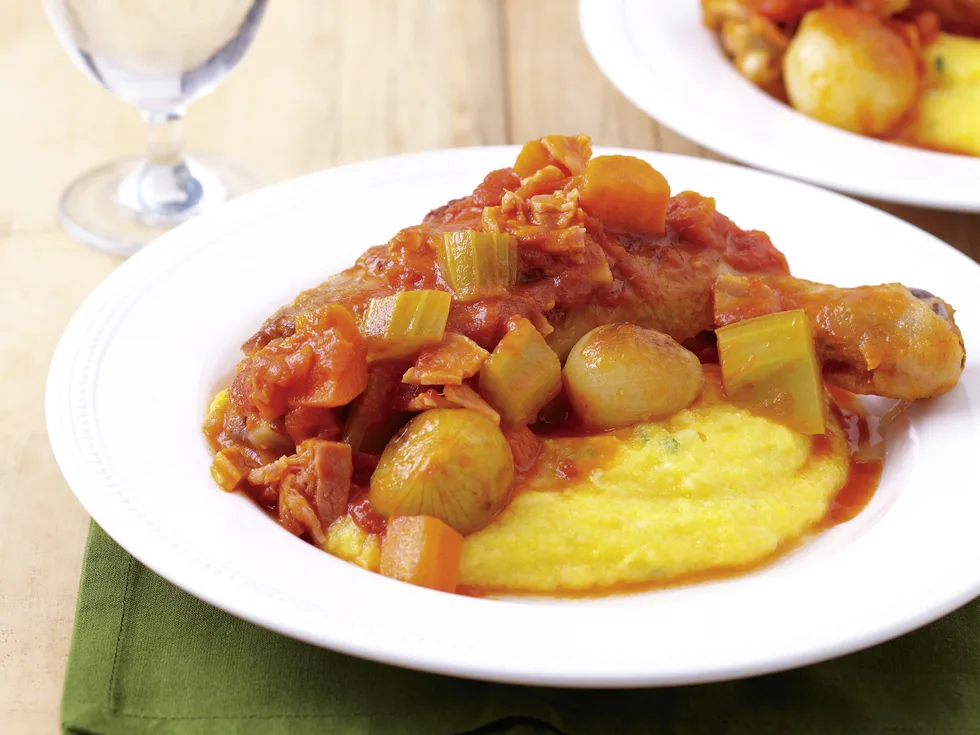 Chicken and Baby Onion Casserole with Polenta