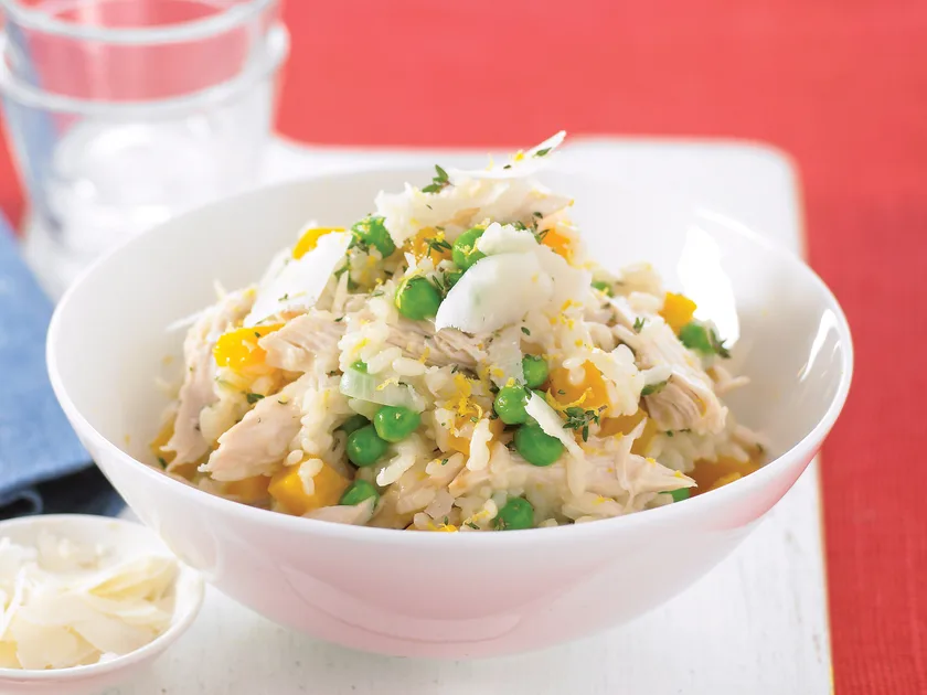 Chicken, pumpkin and pea risotto
