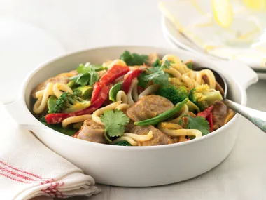 Curried Sausages andamp; Coriander Noodles