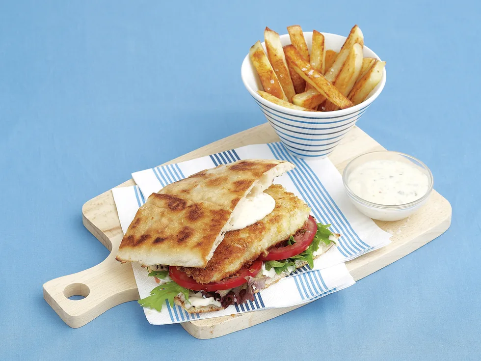 Fish Schnitzel Burger with Chips