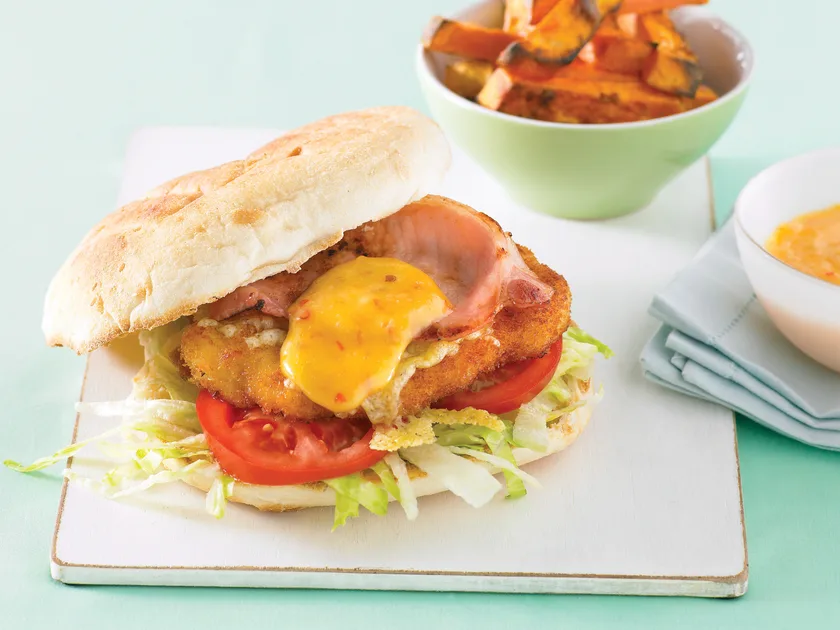 Chicken schnitzel burgers with sweet chilli mayo recipe