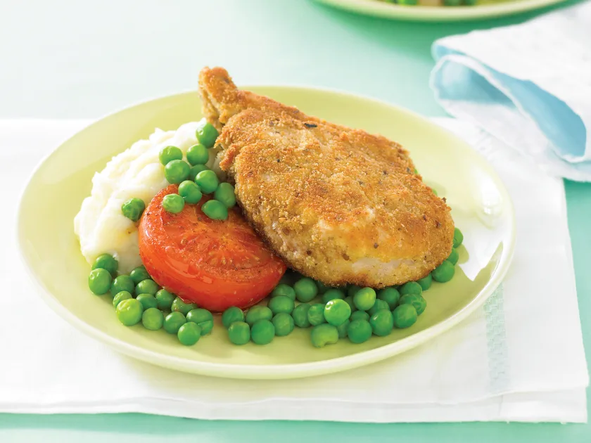 Crumbed cutlets with minted peas