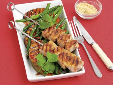 Honey Pork Skewers with Sesame Pumpkin