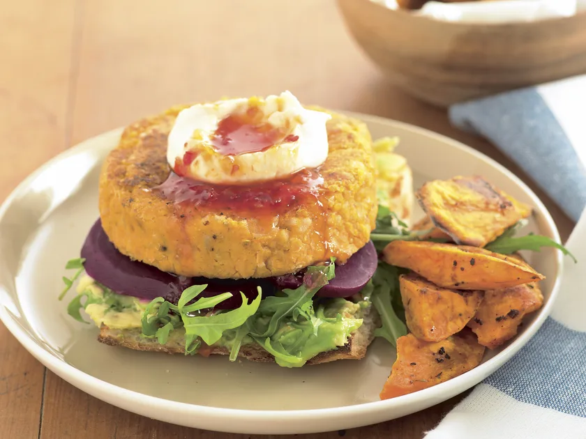 Chickpea burgers with Cajun kumara wedges recipe