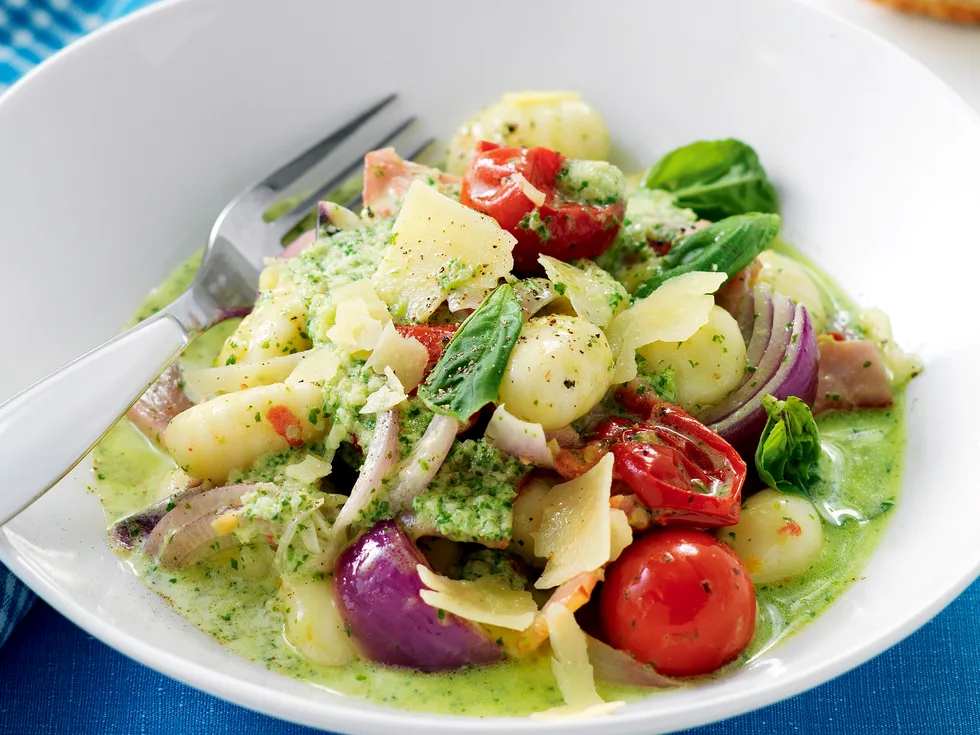 Bacon, Roast Tomato and Rocket Pesto with Gnocchi