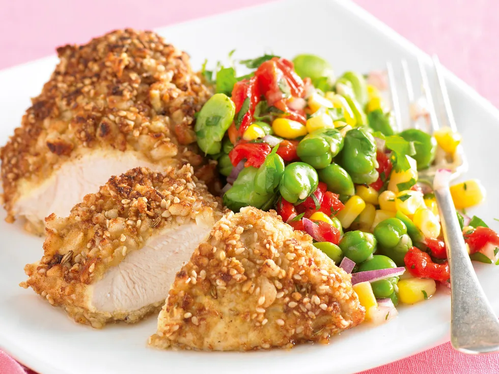 Macadamia-crusted Chicken with Broad Bean Salad