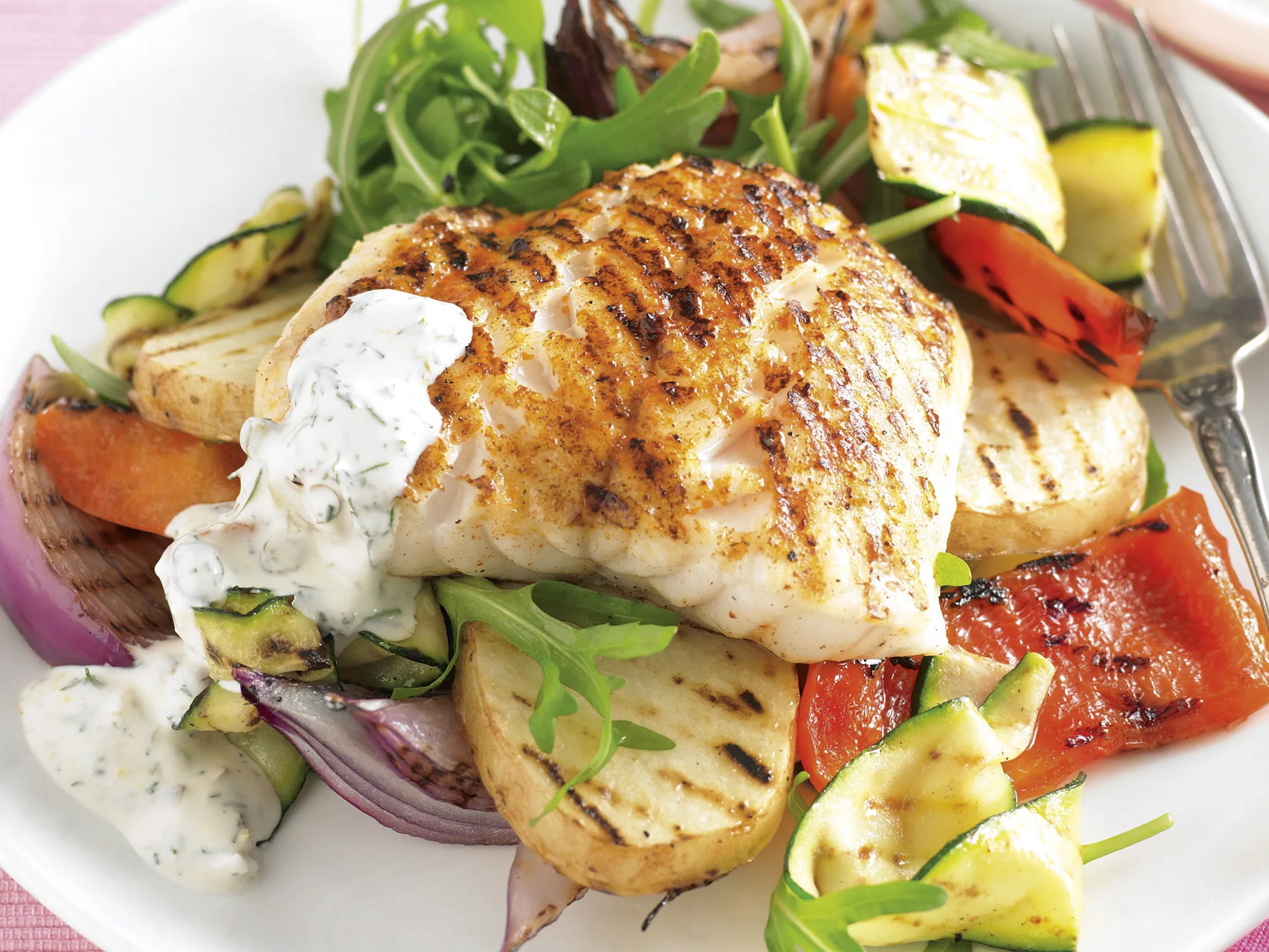 Grilled Fish and Vegies with Tartare Dressing