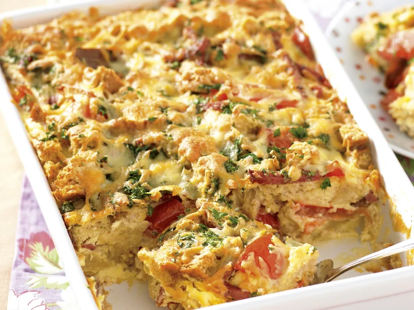 Cheese, salami and tomato strata