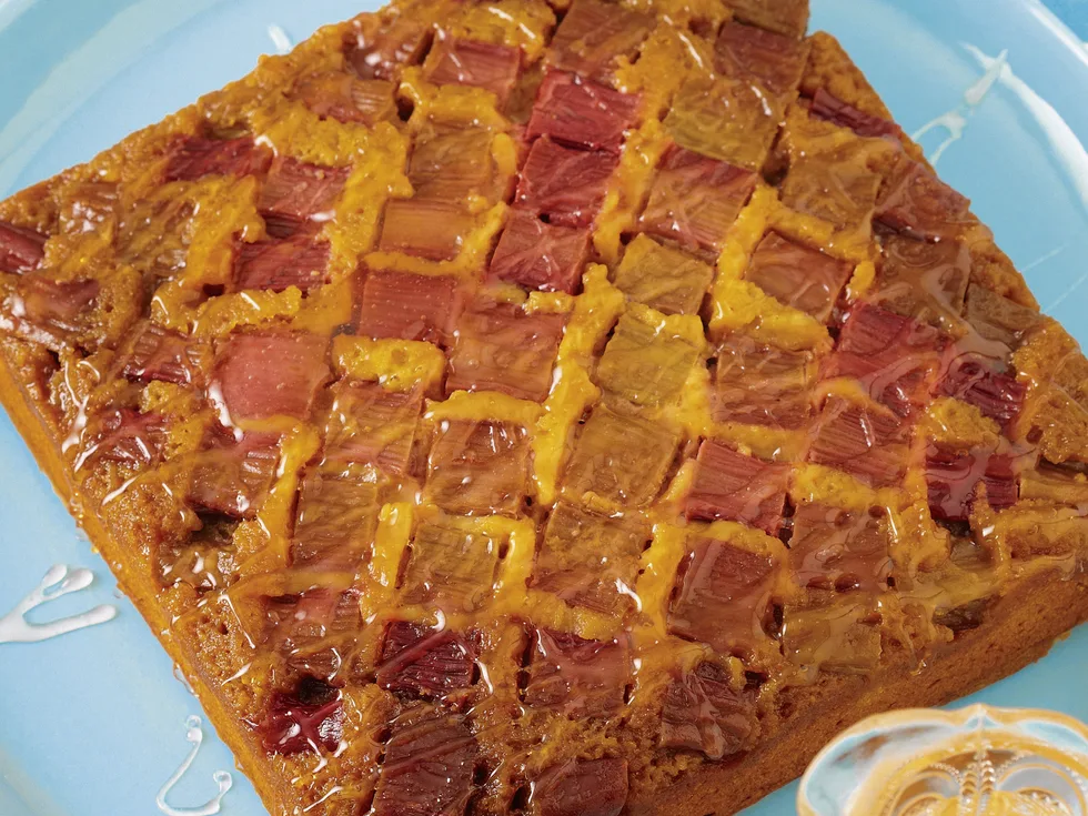 Pretty easy - rhubarb cake with rosewater syrup