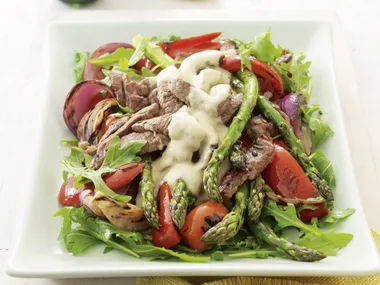 Spear it - Lamb and asparagus salad with hommos dressing