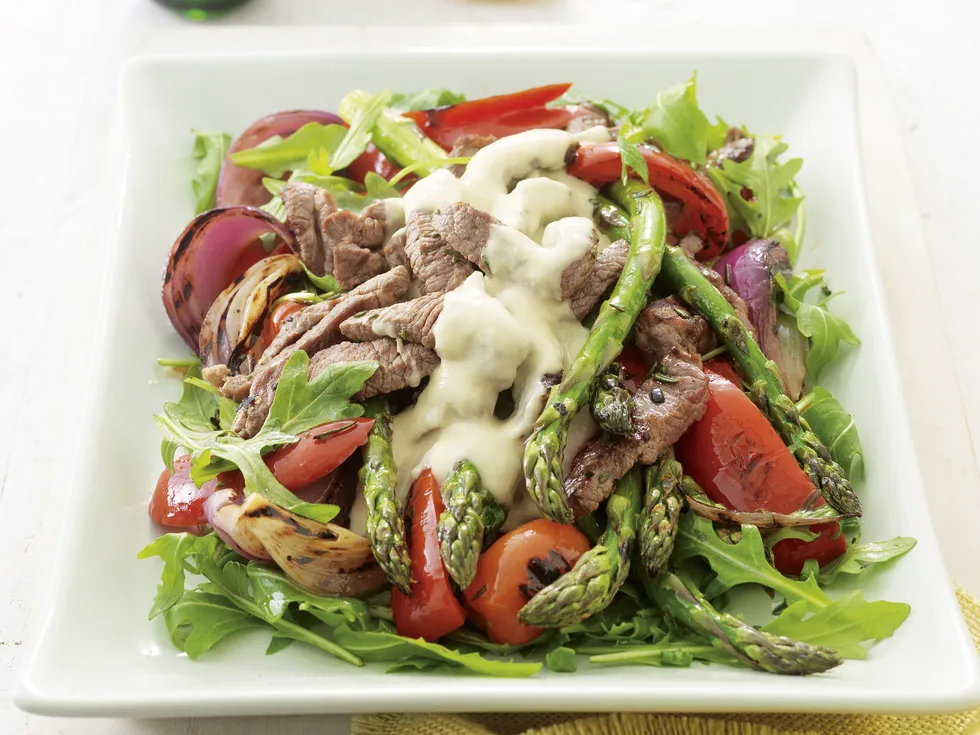 Spear it - Lamb and asparagus salad with hommos dressing