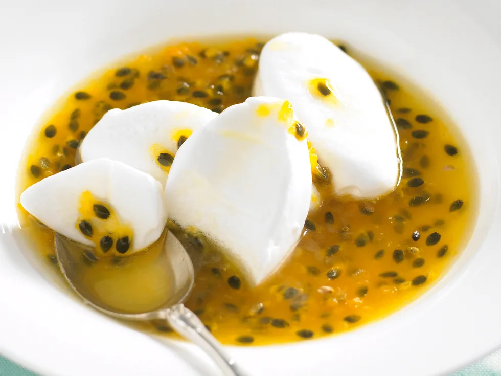 Summer Stunners - snow eggs with passionfruit syrup