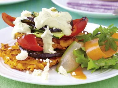 super smoothie - kumara rosti and vegie stack