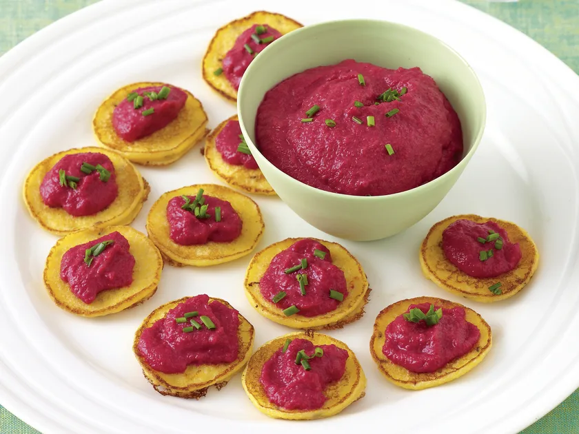 Polenta blini with beetroot dip