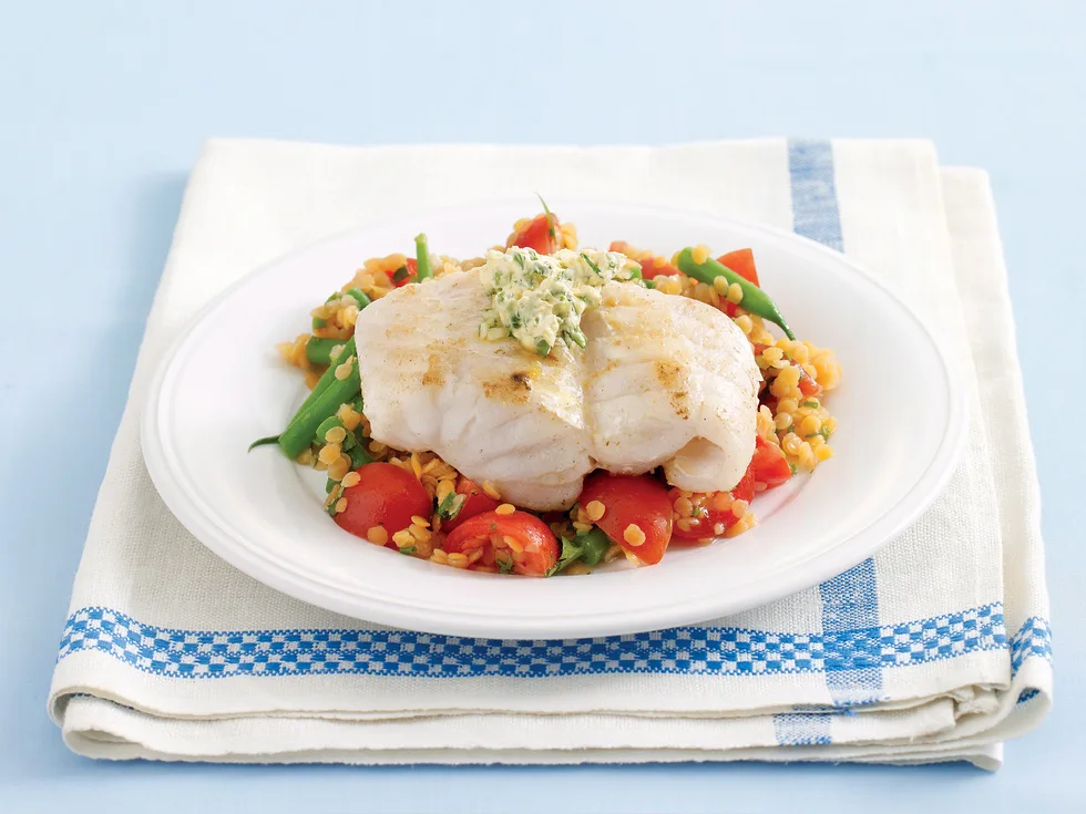 Lemon fish with red lentil salad