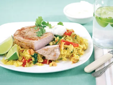 Grilled Pork with Almond Pilaf