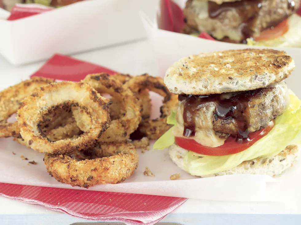 Beef Burgers with Baked Onion Rings