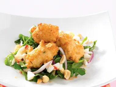 Corn and Coconut Fritters with Cashew and Basil Salad