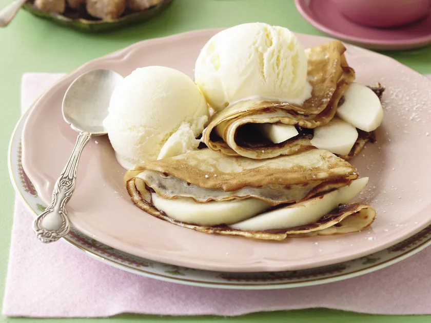 Choc hazelnut and pear crepes