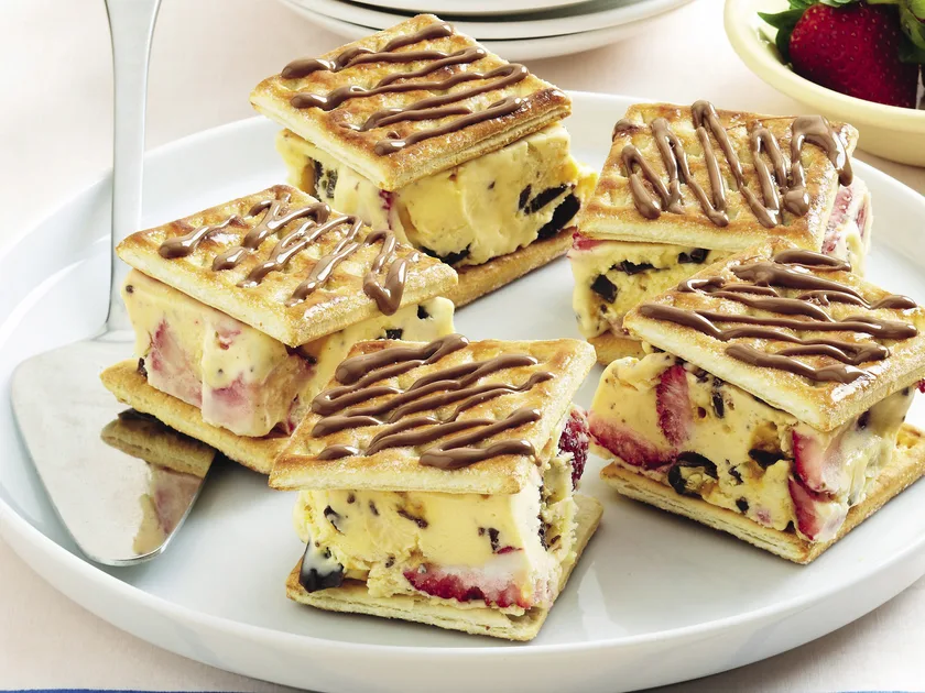 Strawberry honeycomb ice cream sandwiches
