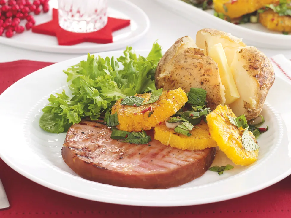 Glazed Ham Steaks with Grilled Orange Salad
