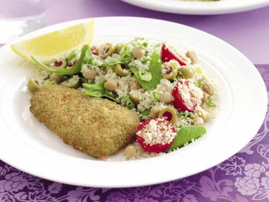 Crumbed Fish with Chickpea Couscous