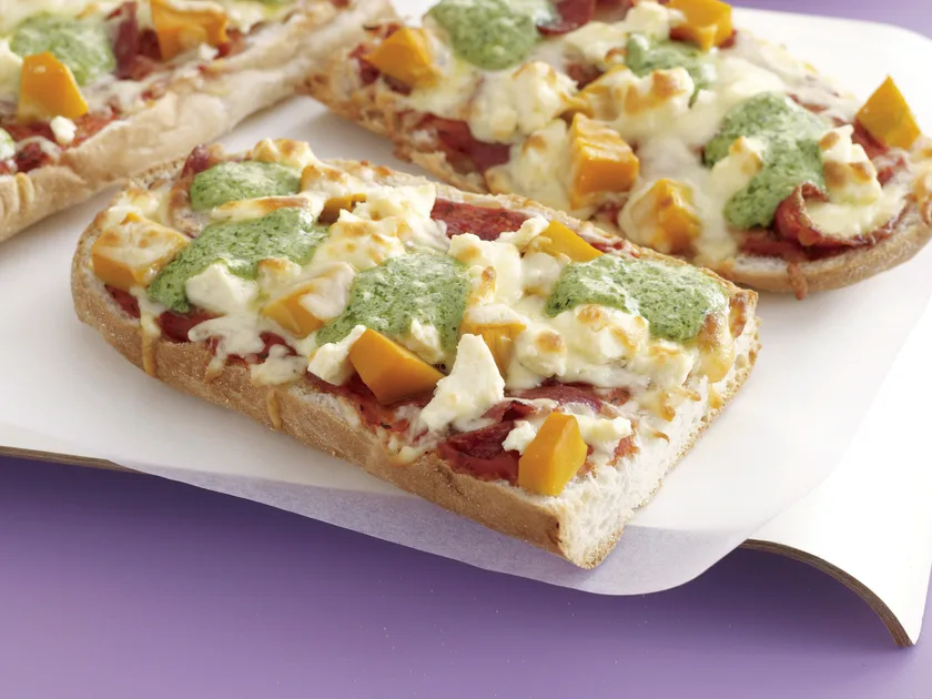 Feta, salami and pumpkin pizza
