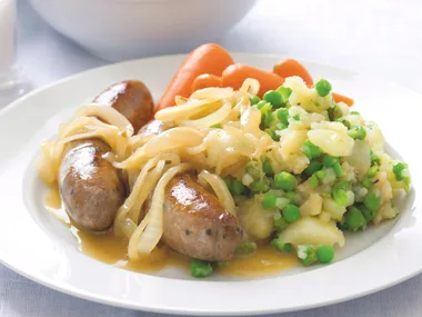 Lamb Sausages with Mushy Peas