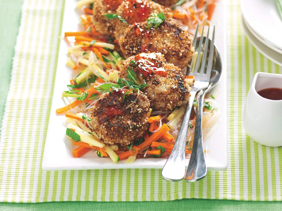 Sesame Pork Patties with Noodles