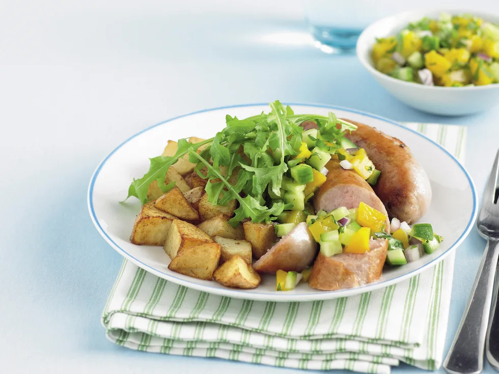 Pork Sausages with Mango Salsa